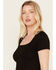 Image #2 - Moa Moa Women's Ribbed Corset Style Short Sleeve Top, Black, hi-res