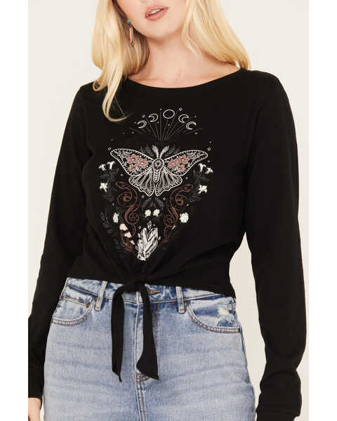 Image #3 - Shyanne Women's Tie Front Butterfly Graphic Long Sleeve Tee, Black, hi-res