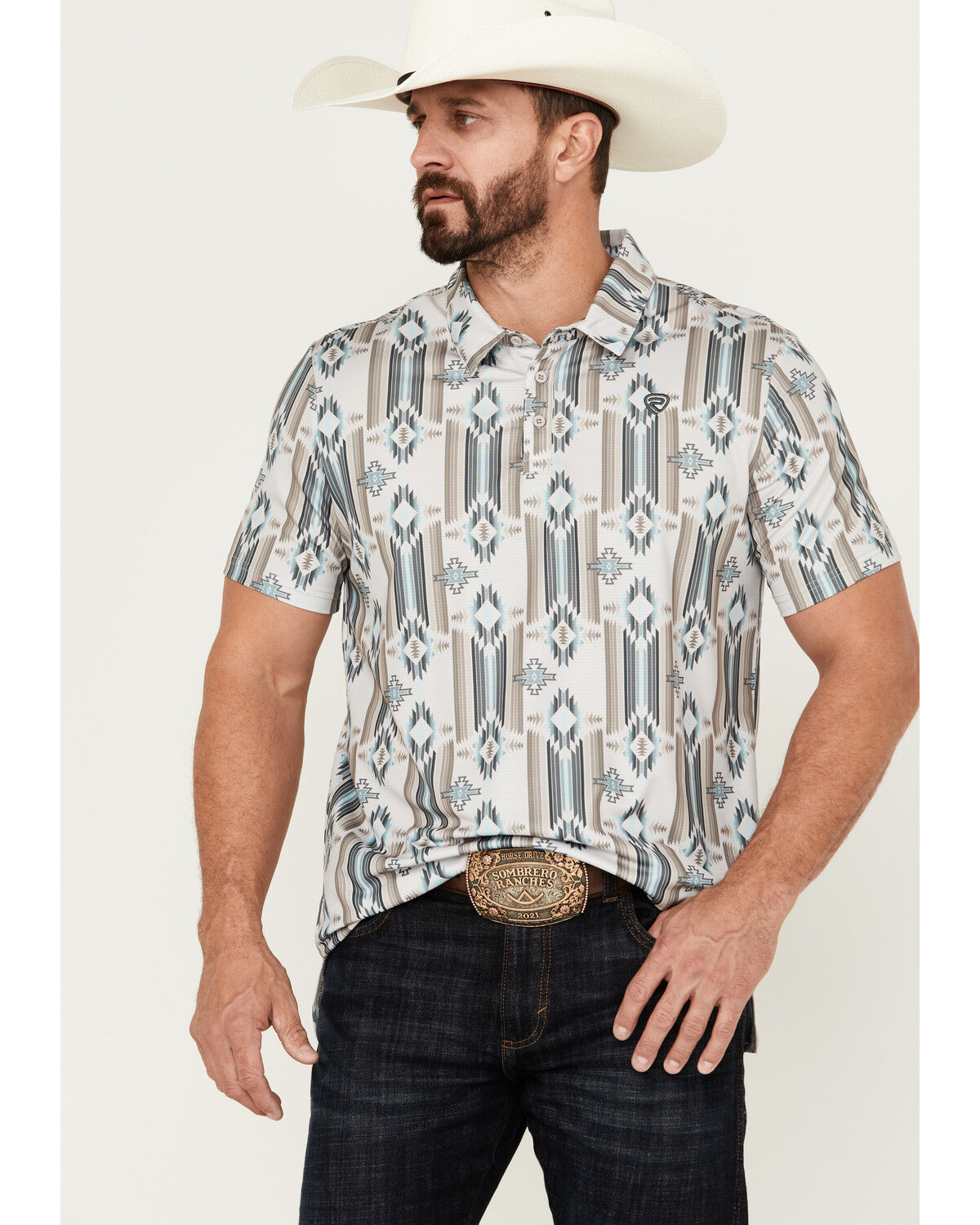 Image #1 - Rock & Roll Denim Men's Southwestern Print Short Sleeve Polo Shirt, Natural, hi-res