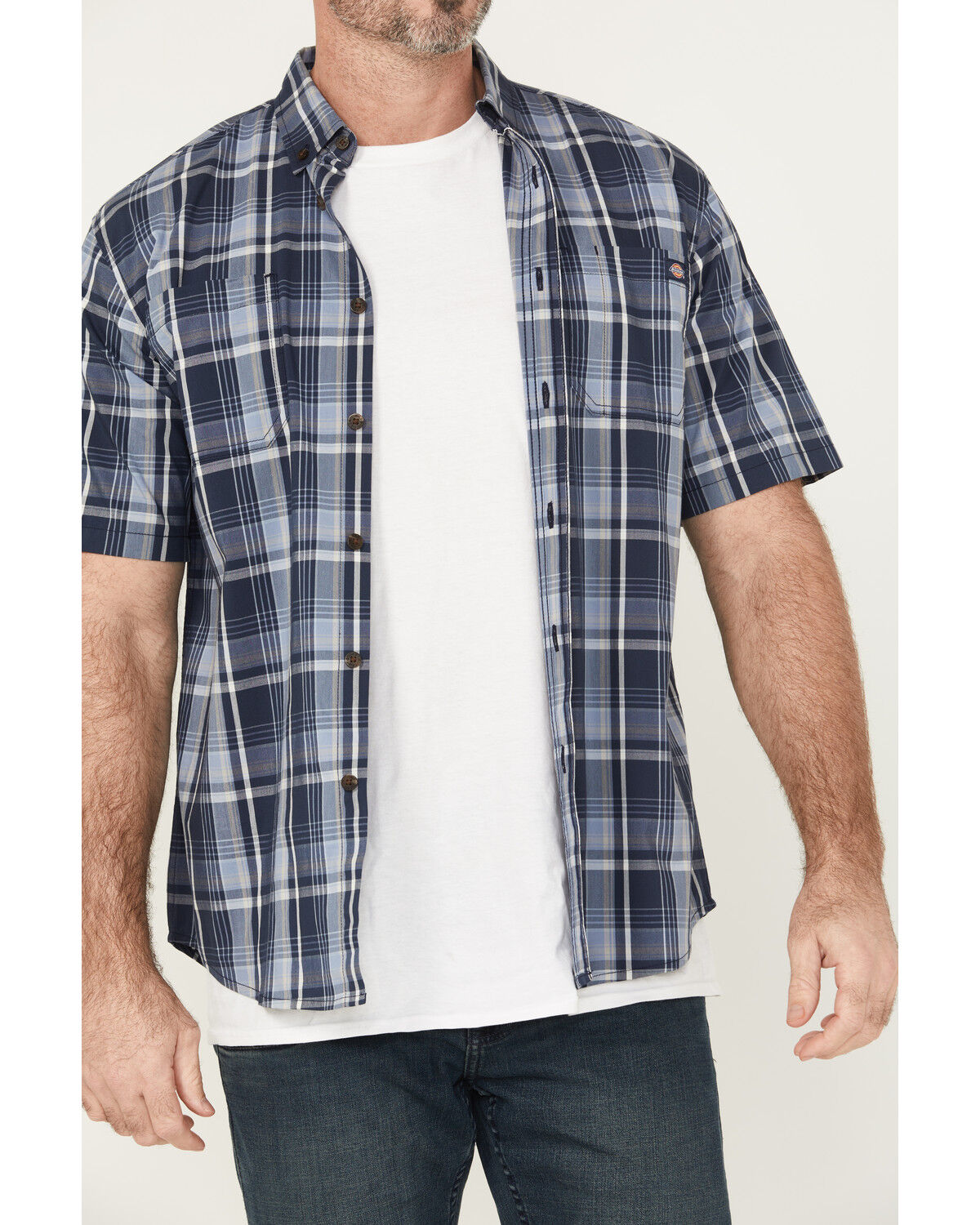 Image #3 - Dickies Men's Flex Plaid Print Short Sleeve Button-Down Work Shirt, Navy, hi-res
