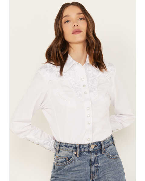 Scully Women's Floral Embroidered Western Shirt, White, hi-res