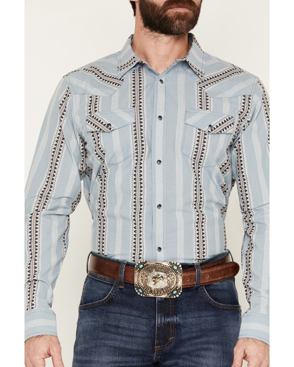 Image #3 - Gibson Trading Co Men's Dusty Southwestern Striped Print Long Sleeve Snap Western Shirt, Blue, hi-res