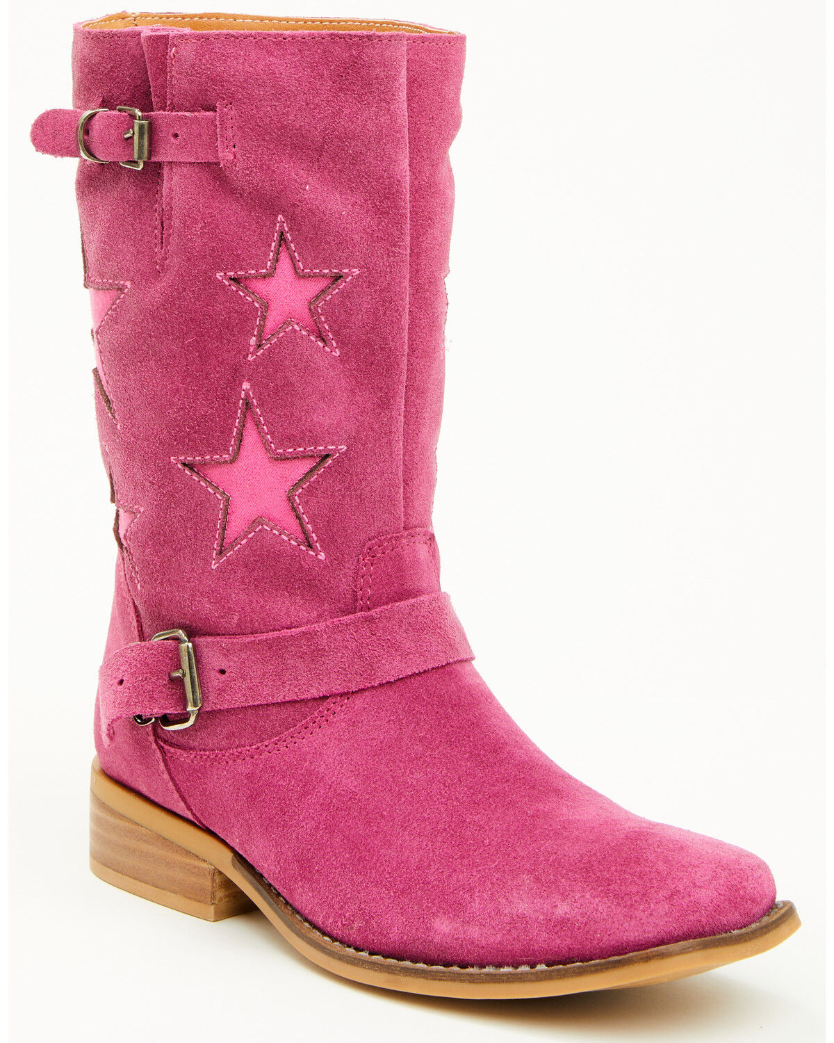 Image #1 - Dingo Girls' Blacklist Star Inlay Harness Boots - Square Toe, Pink, hi-res