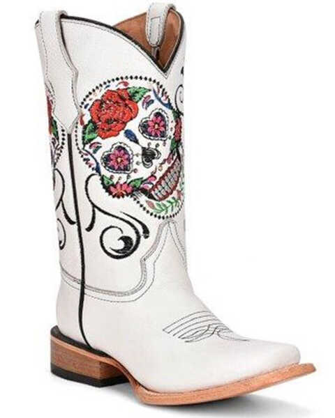 Image #1 - Corral Girls' Floral & Skull Embroidered Western Boots - Square Toe, White, hi-res