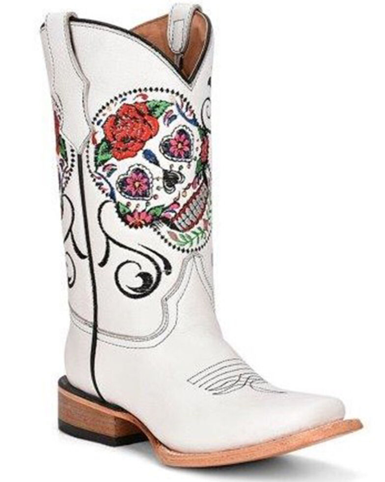 Corral Women's Embroidered Floral & Skull Western Boots - Square Toe, White, hi-res
