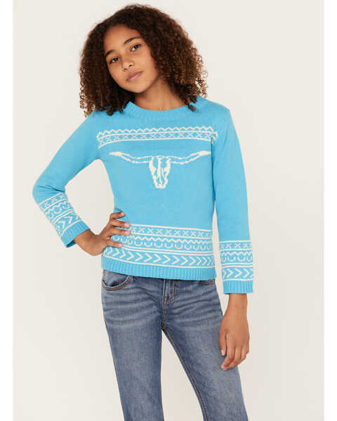 Cotton & Rye Girls' Steerhead Sweater, Turquoise, hi-res