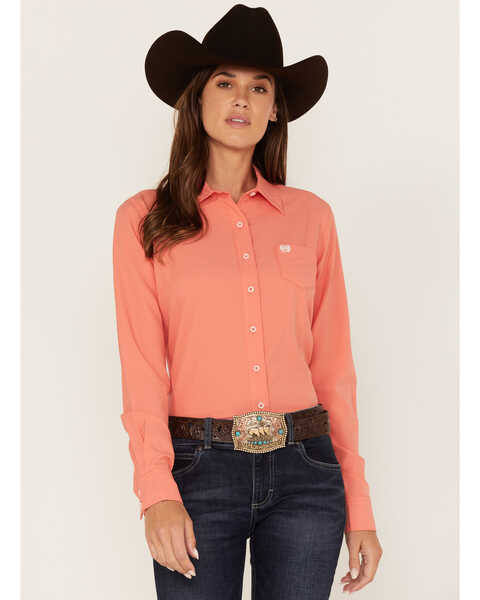 Image #1 - Cinch Women's Long Sleeve Button Down ARENAFLEX Western Core Shirt, Coral, hi-res