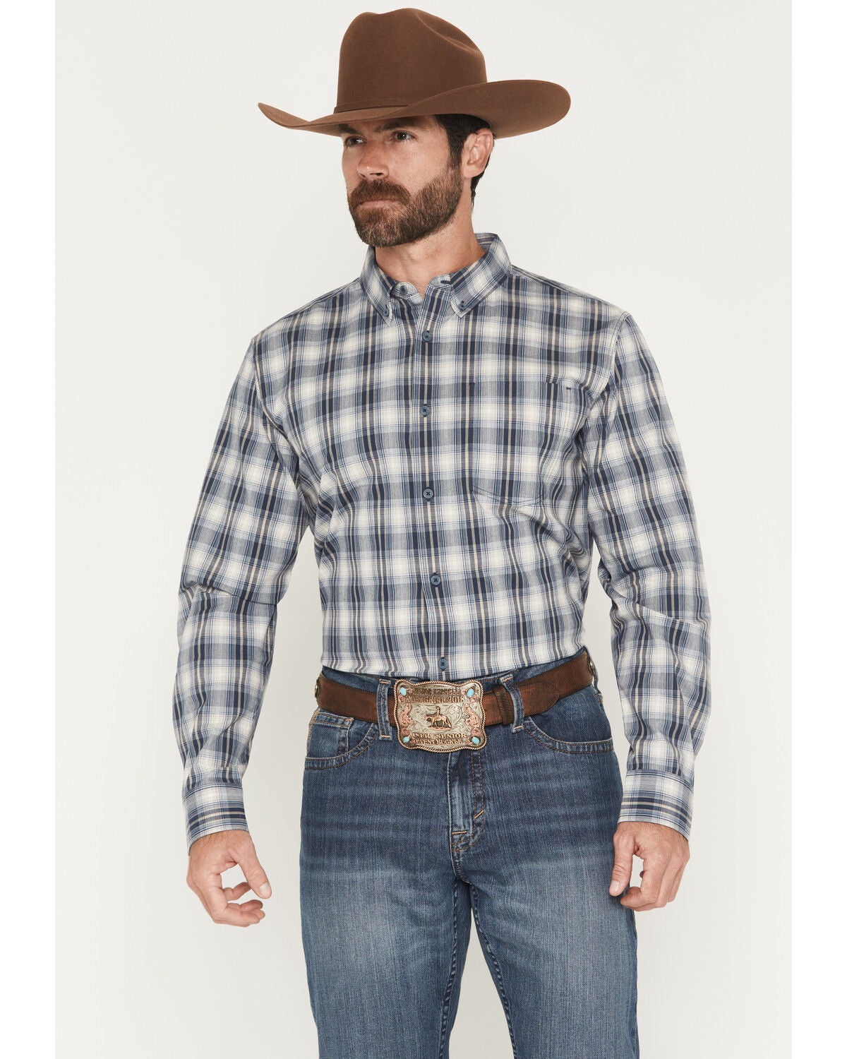 Cody James Men's Tennessee Trail Plaid Print Long Sleeve Button-Down Stretch Western Shirt - Tall, Blue, hi-res