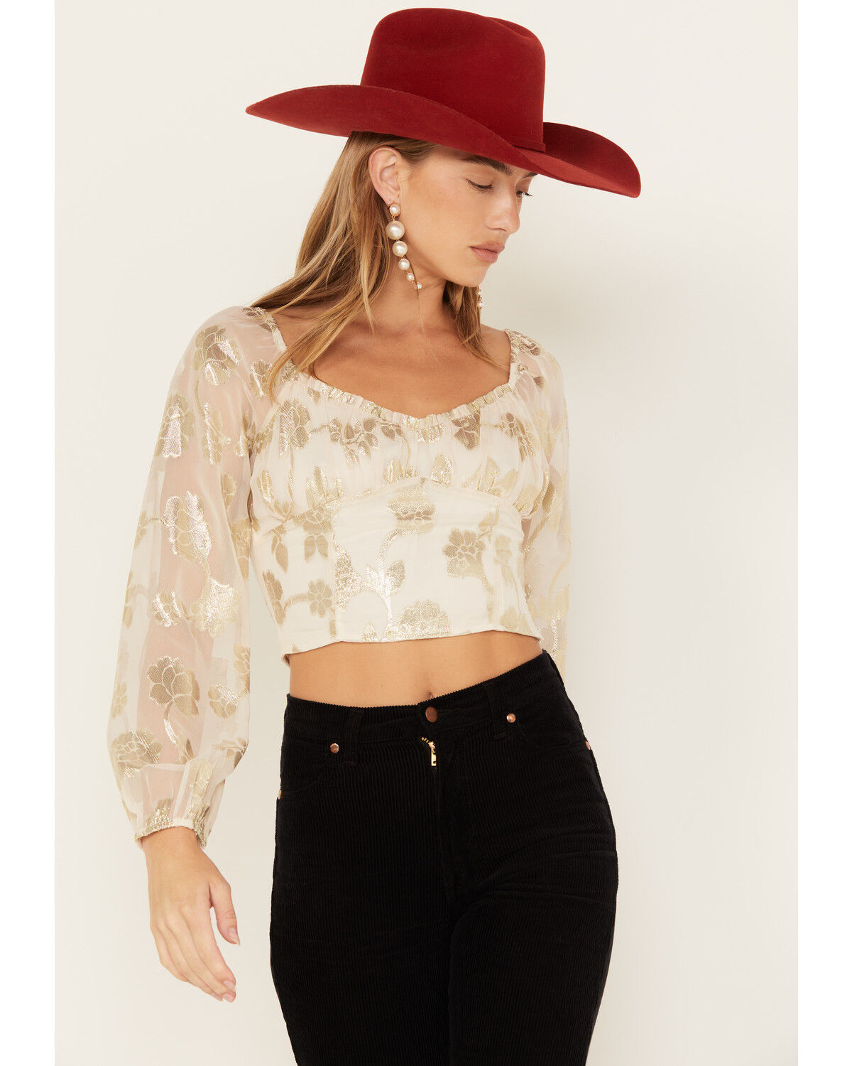 Image #1 - Sadie & Sage Women's Cham Afterglow Metallic Floral Print Crop Top, Off White, hi-res