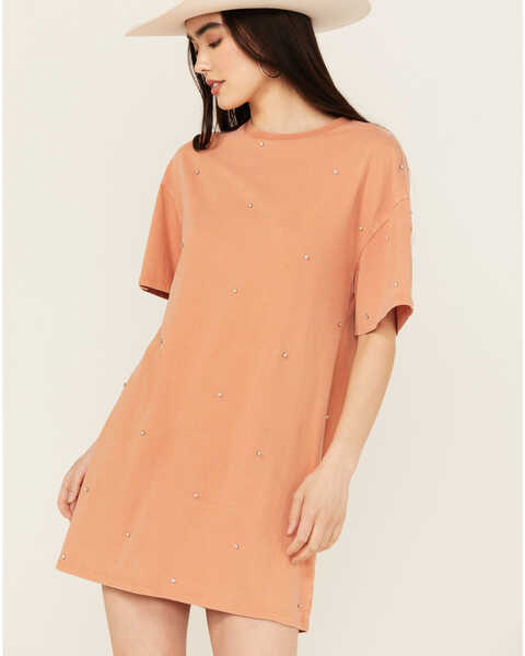 Rock & Roll Denim Women's Rhinestone Short Sleeve T-Shirt Dress, Orange, hi-res