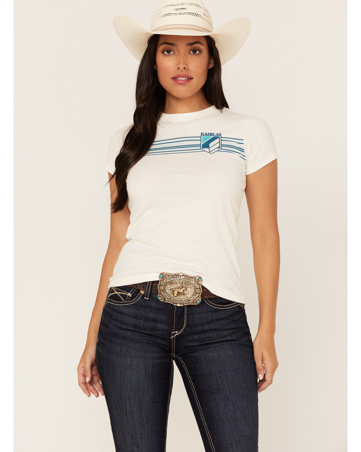 Image #1 - RANK 45® Women's Stripe Logo Graphic Tee, Ivory, hi-res