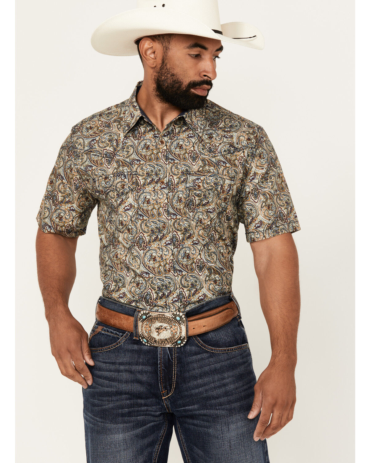 Image #1 - Cody James Men's Down The Road Paisley Print Short Sleeve Snap Western Shirt, Ivory, hi-res