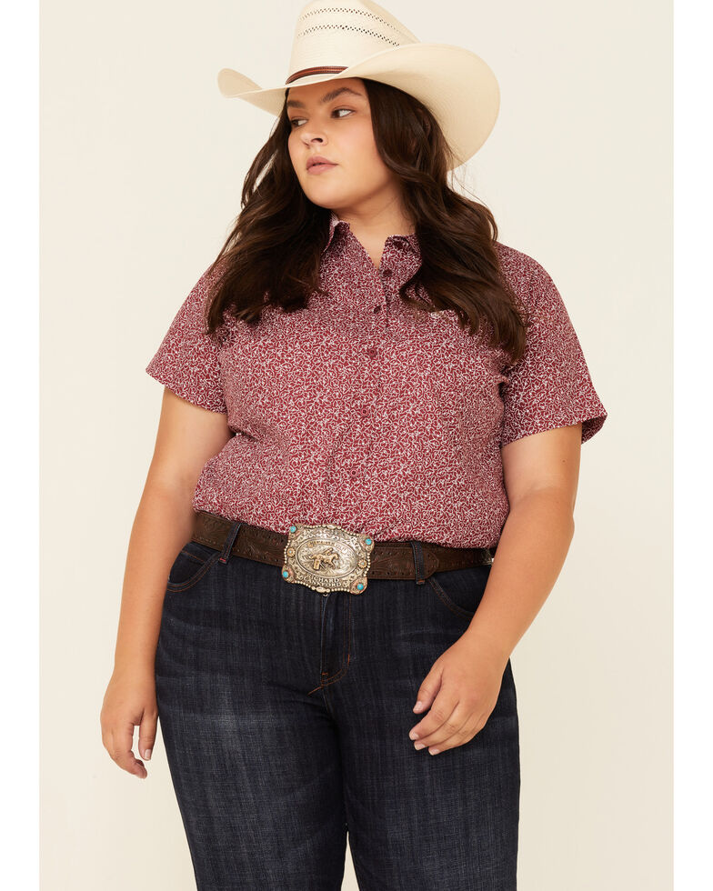 Ariat Women's Red Floral Print Kirby Short Sleeve Western Core Shirt - Plus, Red, hi-res