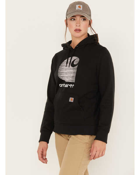 Image #2 - Carhartt Women's Rain Defender Relaxed Fit Midweight Logo Graphic Hoodie, Black, hi-res