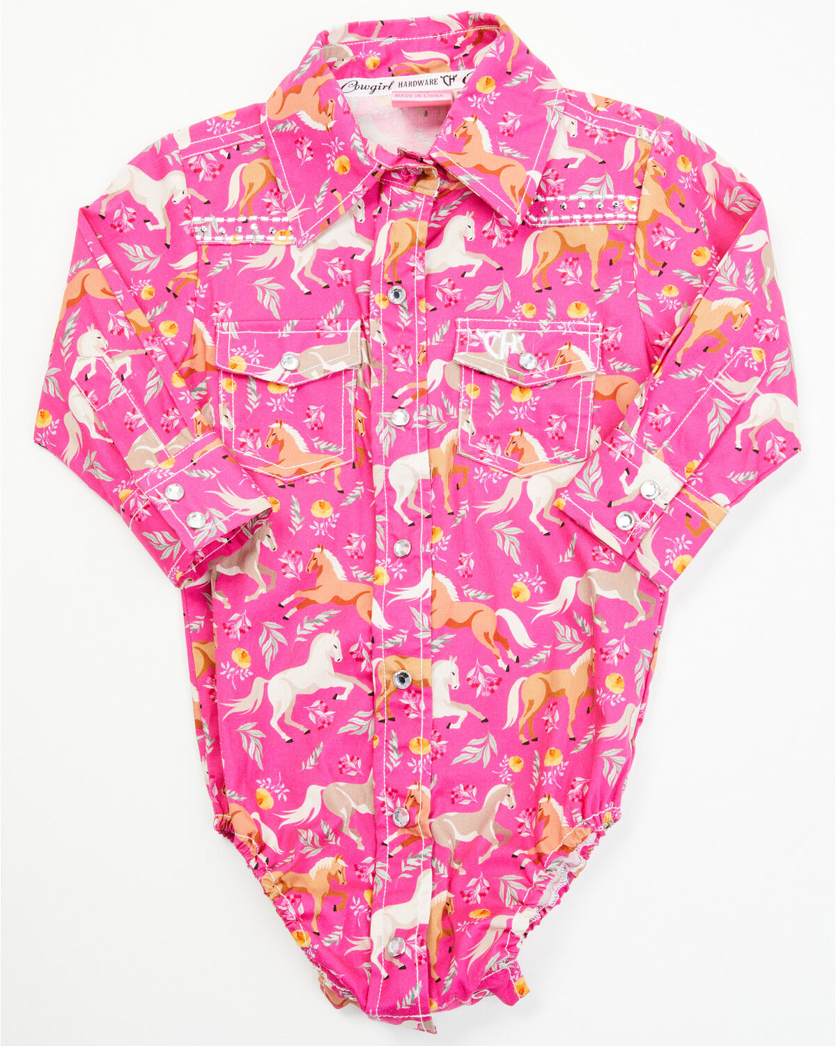 Image #1 - Cowgirl Hardware Infant Girls' Horse and Floral Print Long Sleeve Snap Onesie, Pink, hi-res