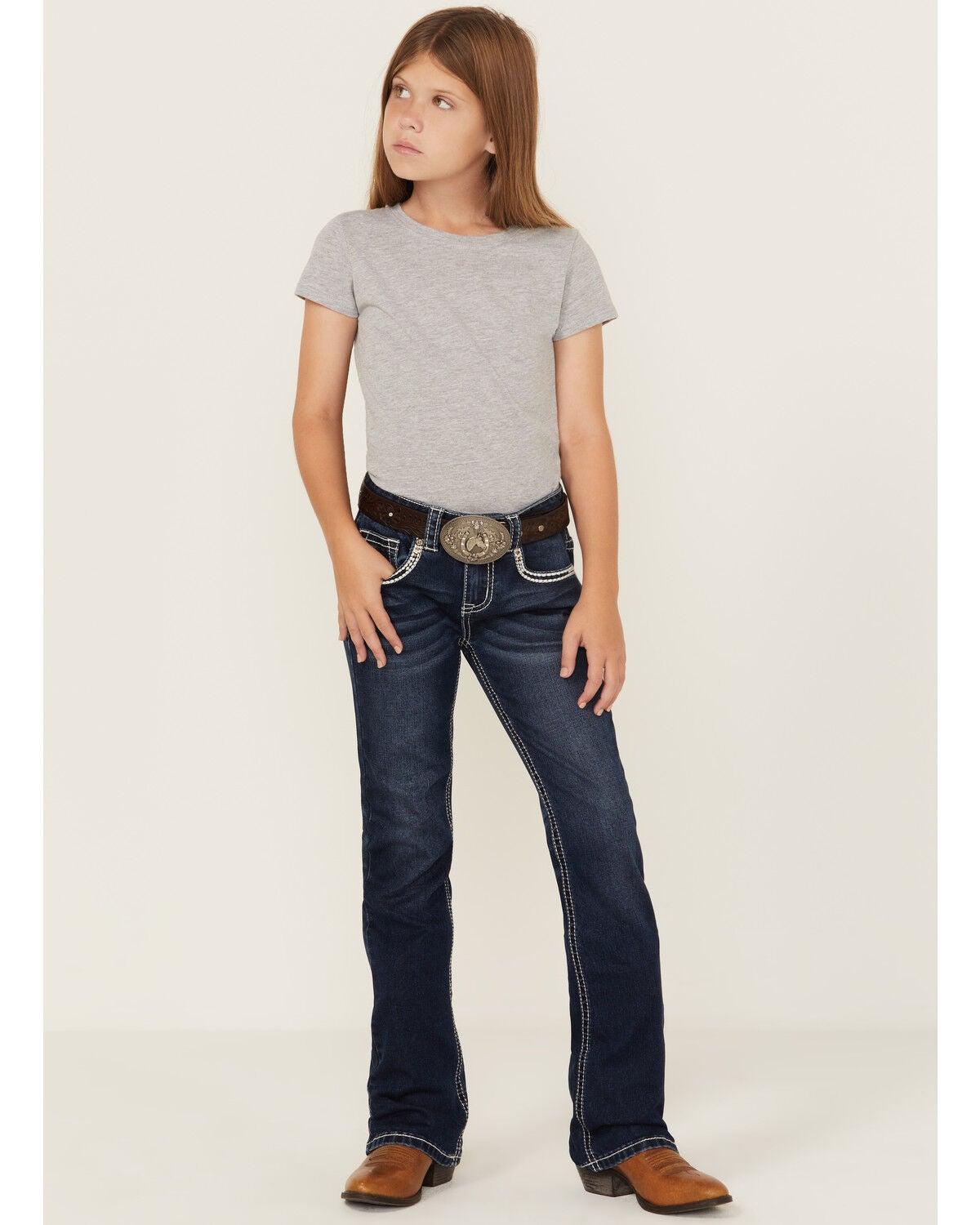 Image #3 - Shyanne Girls' Dark Wash Horseshoe Pocket Bootcut Stretch Denim Jeans, Medium Wash, hi-res
