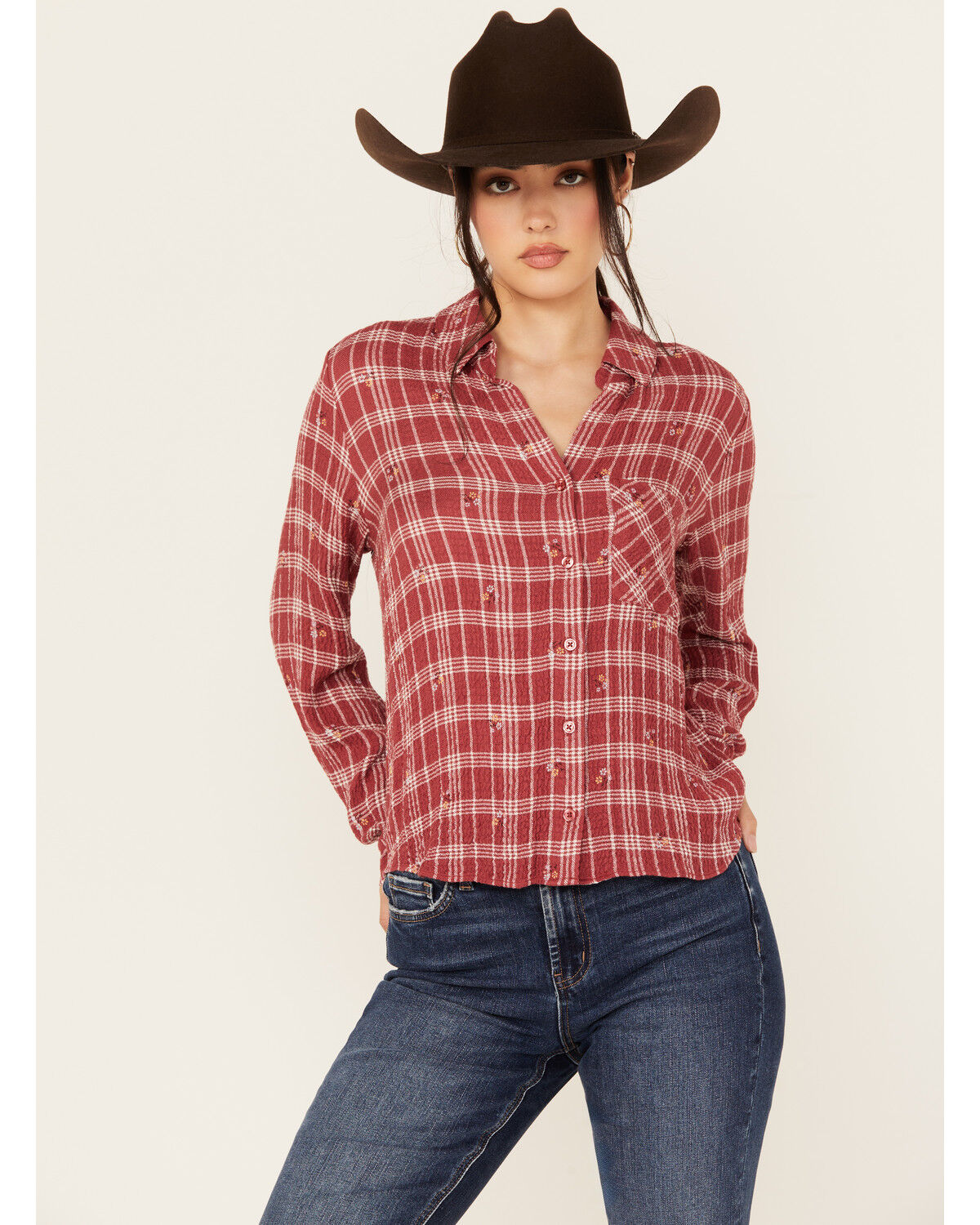 Image #1 - Beyond The Radar Women's Plaid Print Floral Long Sleeve Button-Down Shirt, Burgundy, hi-res