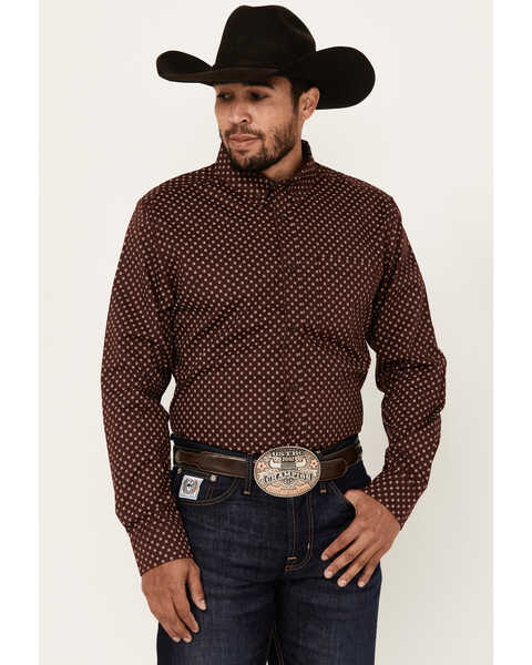 Cody James Men's Big Deal Geo Print Long Sleeve Button-Down Stretch Western Shirt , Burgundy, hi-res