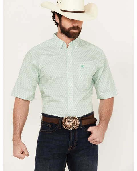 Ariat Men's Dimitri Geo Print Short Sleeve Button-Down Western Shirt , Light Green, hi-res
