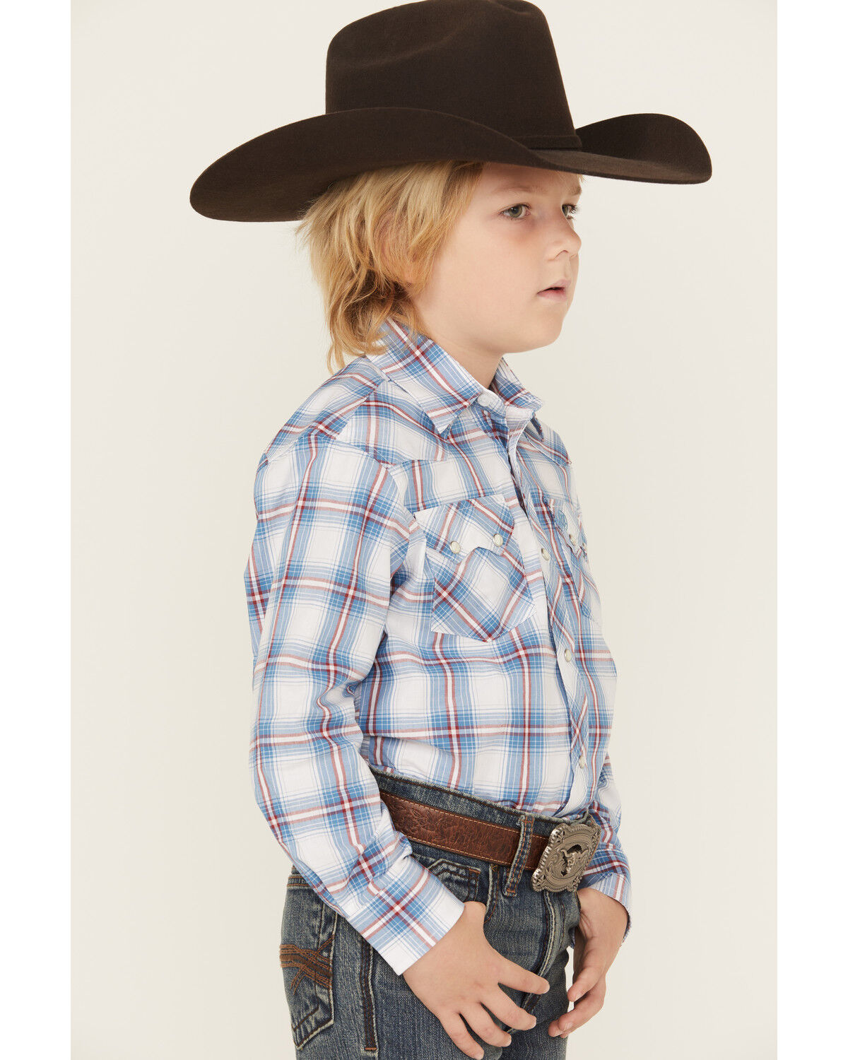 Image #3 - Wrangler Retro Boys' Plaid Print Long Sleeve Snap Western Shirt, Blue, hi-res