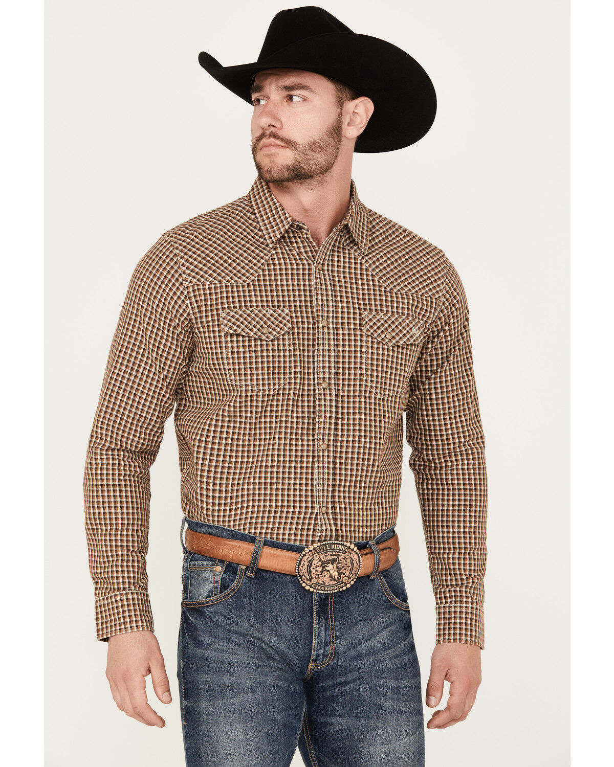 Image #1 - Blue Ranchwear Men's Dickens Plaid Print Long Sleeve Snap Shirt, Bronze, hi-res