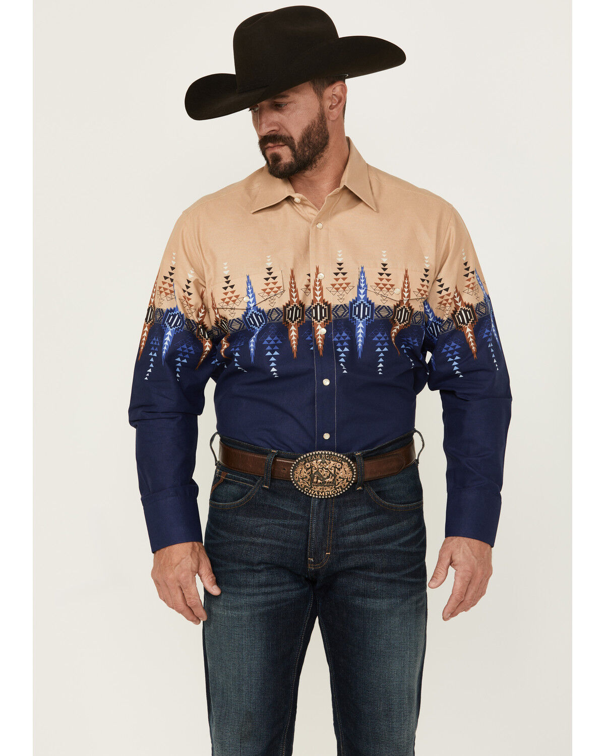Image #1 - Panhandle Men's Southwestern Print Border Long Sleeve Snap Western Shirt, Navy, hi-res