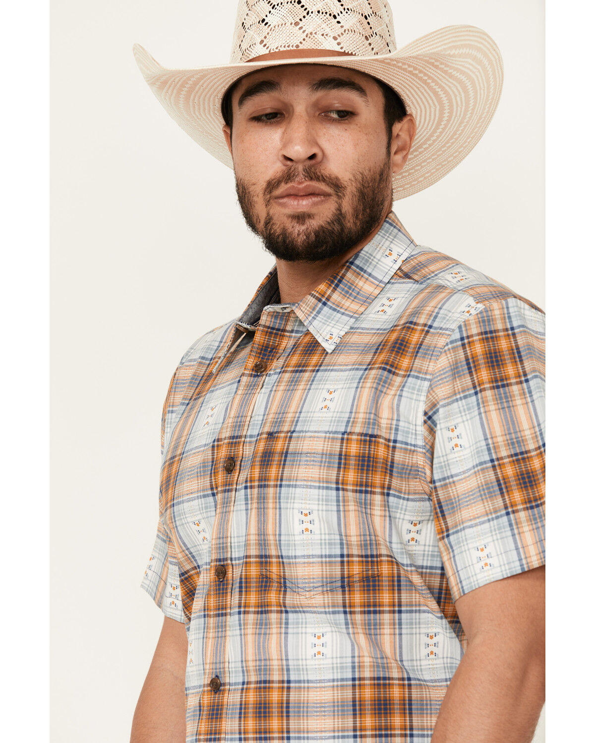 Image #2 - Cody James Men's Spur Dobby Plaid Print Short Sleeve Button-Down Stretch Western Shirt, Ivory, hi-res