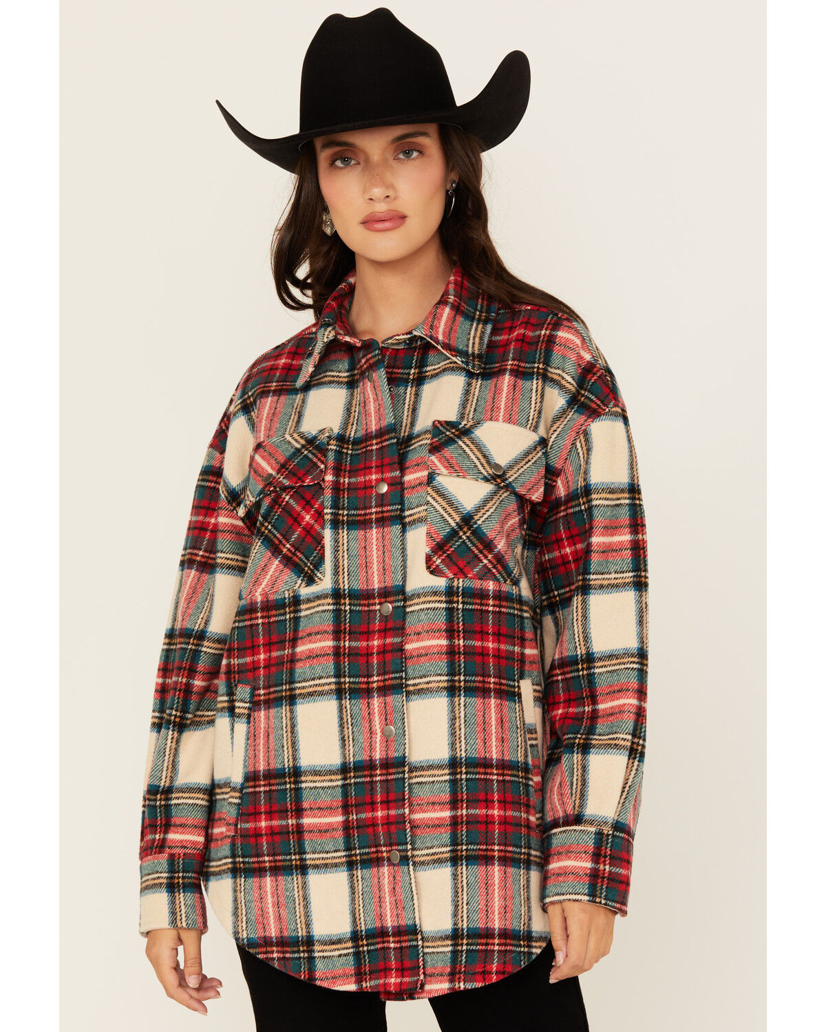 Image #1 - Fornia Women's Plaid Print Shacket, Red, hi-res