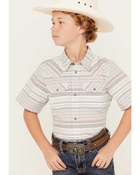Cody James Boys' Striped Short Sleeve Snap Western Shirt, Tan, hi-res
