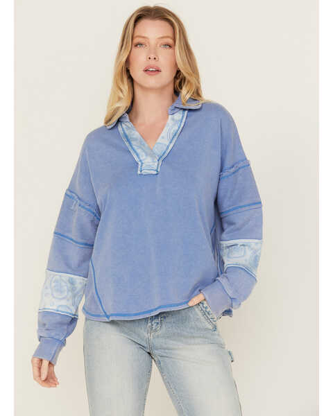 New In Women's Collared Long Sleeve Pullover , Blue, hi-res