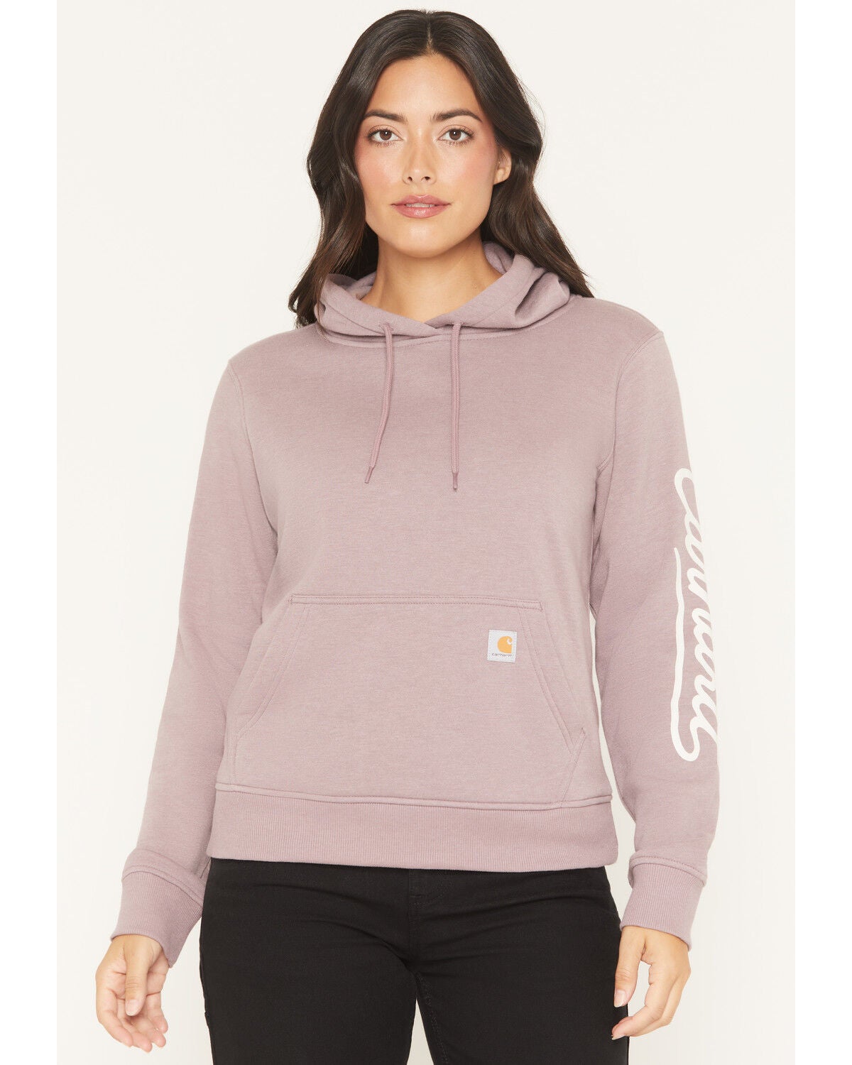 Image #1 - Carhartt Women's Sawyer Script Midweight Relaxed Fit Hoodie, Berry, hi-res