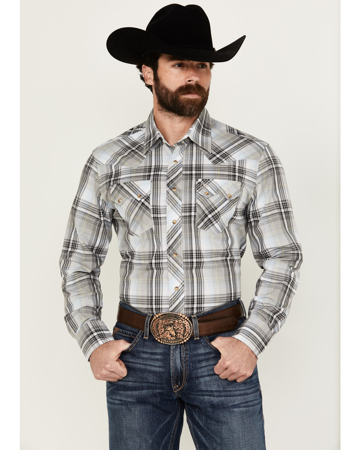 Image #1 - Wrangler Retro Men's Plaid Print Long Sleeve Snap Western Shirt, Grey, hi-res