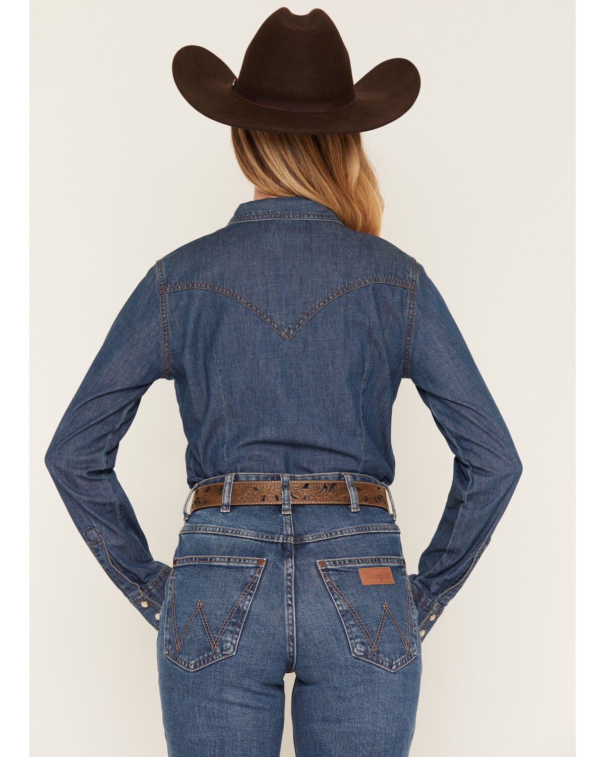Image #4 - Wrangler Women's Dark Wash Long Sleeve Pearl Snap Denim Western Shirt, Blue, hi-res