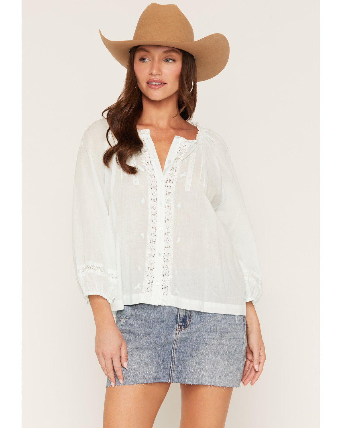 Image #1 - Lovestitch Women's Lace Long Sleeve Button-Down Shirt, Mint, hi-res
