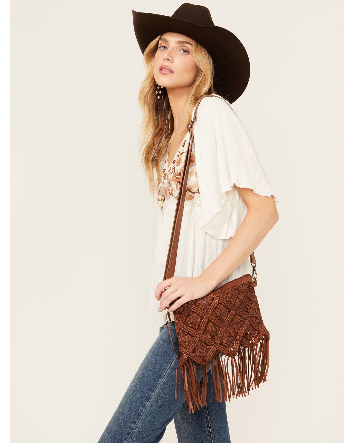 Shyanne Women's Western Heritage Woven Leather Fringe Crossbody Bag, Brown, hi-res