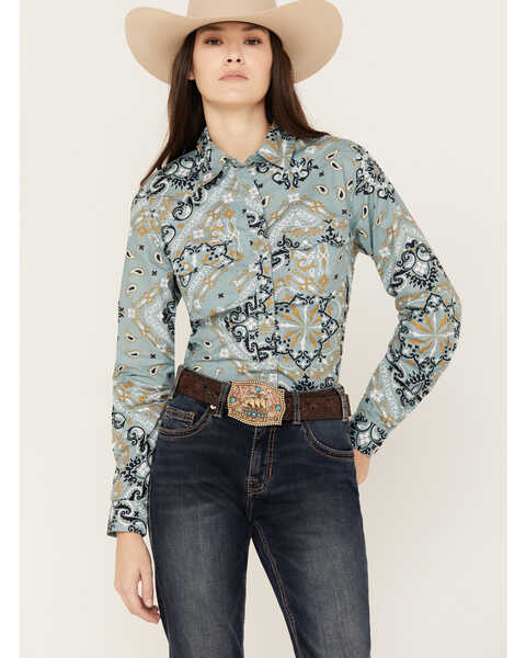 Cotton & Rye Women's Bandana Print Long Sleeve Snap Western Shirt, Blue, hi-res