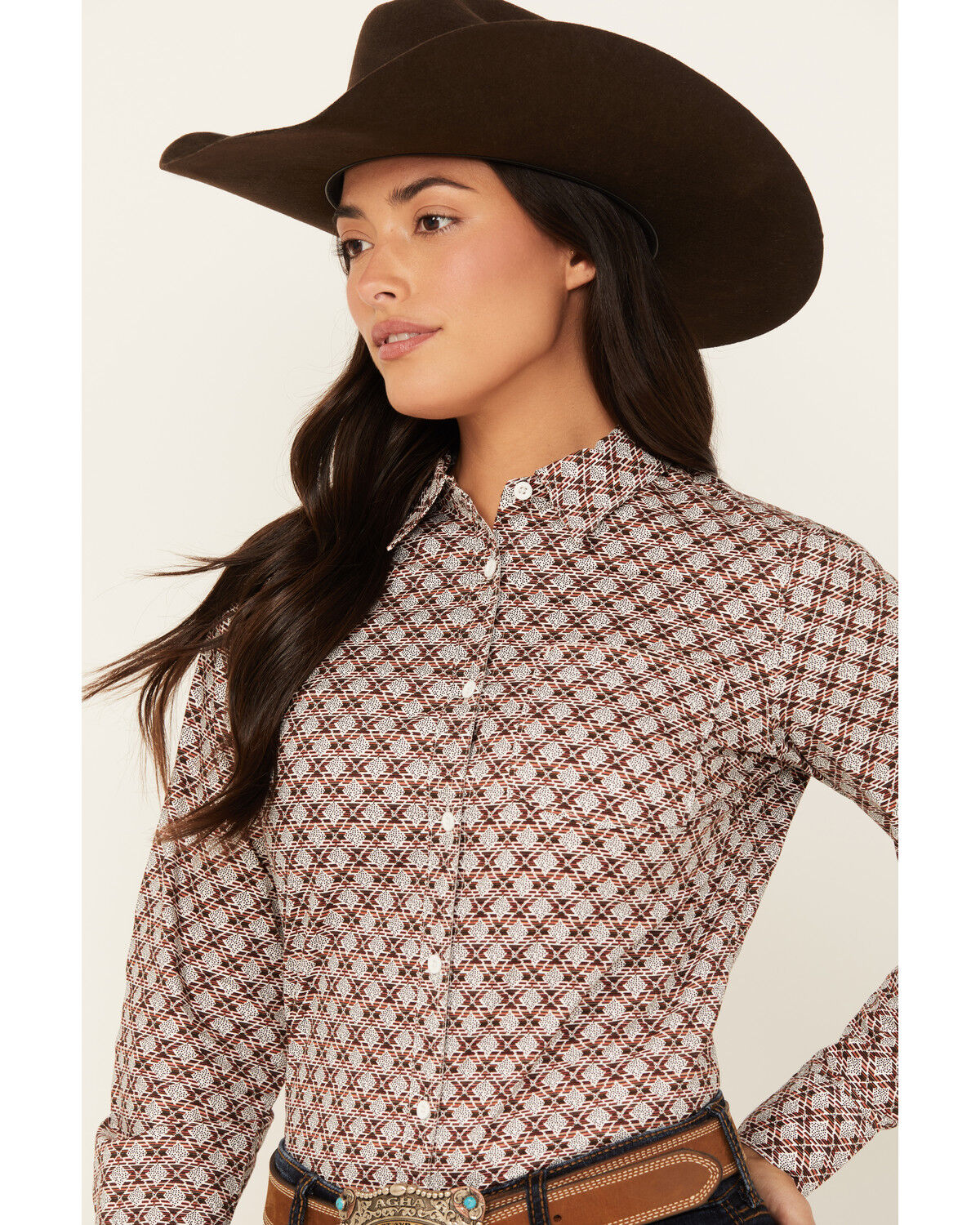 Image #2 - Shyanne Women's Geo Print Long Sleeve Button-Down Stretch Riding Shirt, Dark Red, hi-res