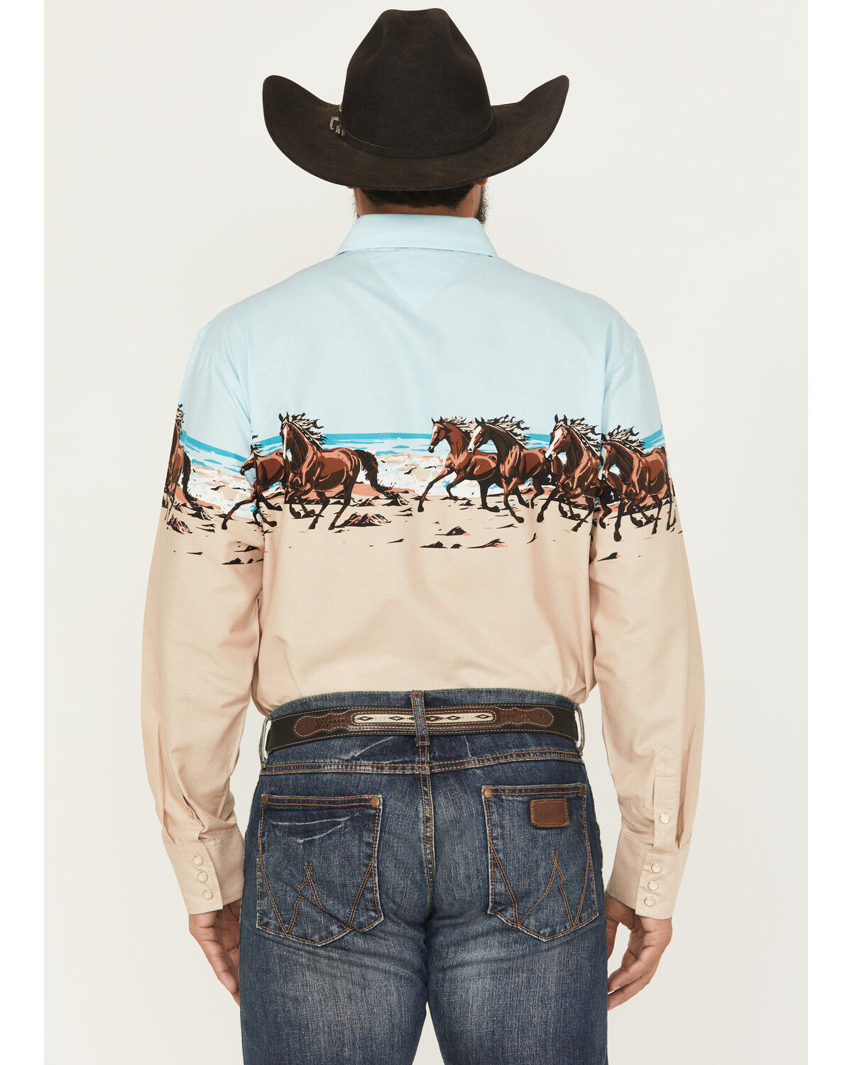 Image #4 - Panhandle Slim Men's Horse Border Print Long Sleeve Pearl Snap Western Shirt, Tan, hi-res