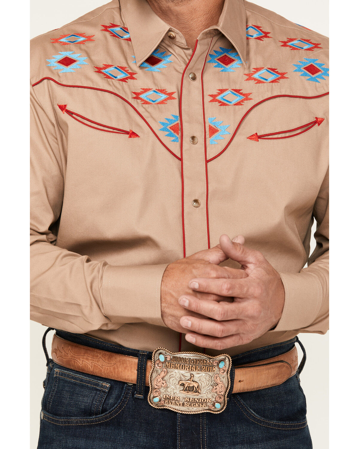 Image #3 - Rodeo Clothing Men's Embroidered Yoke Long Sleeve Snap Western Shirt, Tan, hi-res