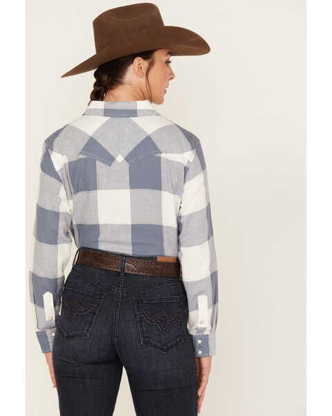 Image #4 - Wrangler Women's Buffalo Check Print Long Sleeve Western Flannel Snap Shirt, Blue/white, hi-res