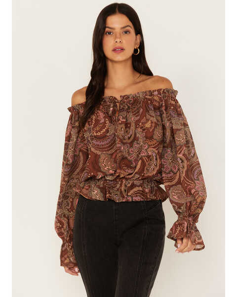 Flying Tomato Women's Paisley Print Off The Shoulder Top, Rust Copper, hi-res
