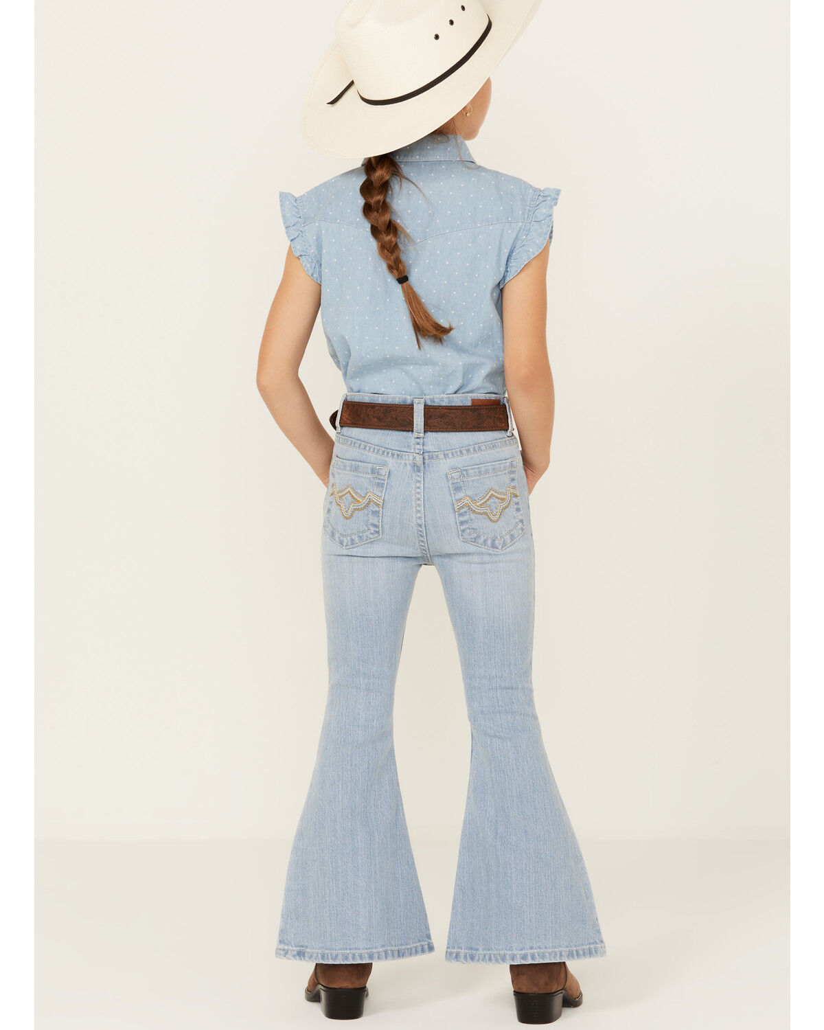 Image #3 - Shyanne Little Girls' Destructed Knee Flare Jeans, Light Wash, hi-res