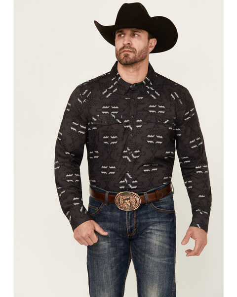 Rock & Roll Denim Men's Tek Southwestern Print Long Sleeve Snap Western Shirt , Charcoal, hi-res
