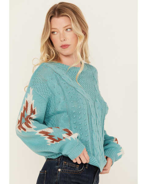Image #2 - Rock & Roll Denim Women's Southwest Sleeve Long Sleeve Sweater , Blue, hi-res