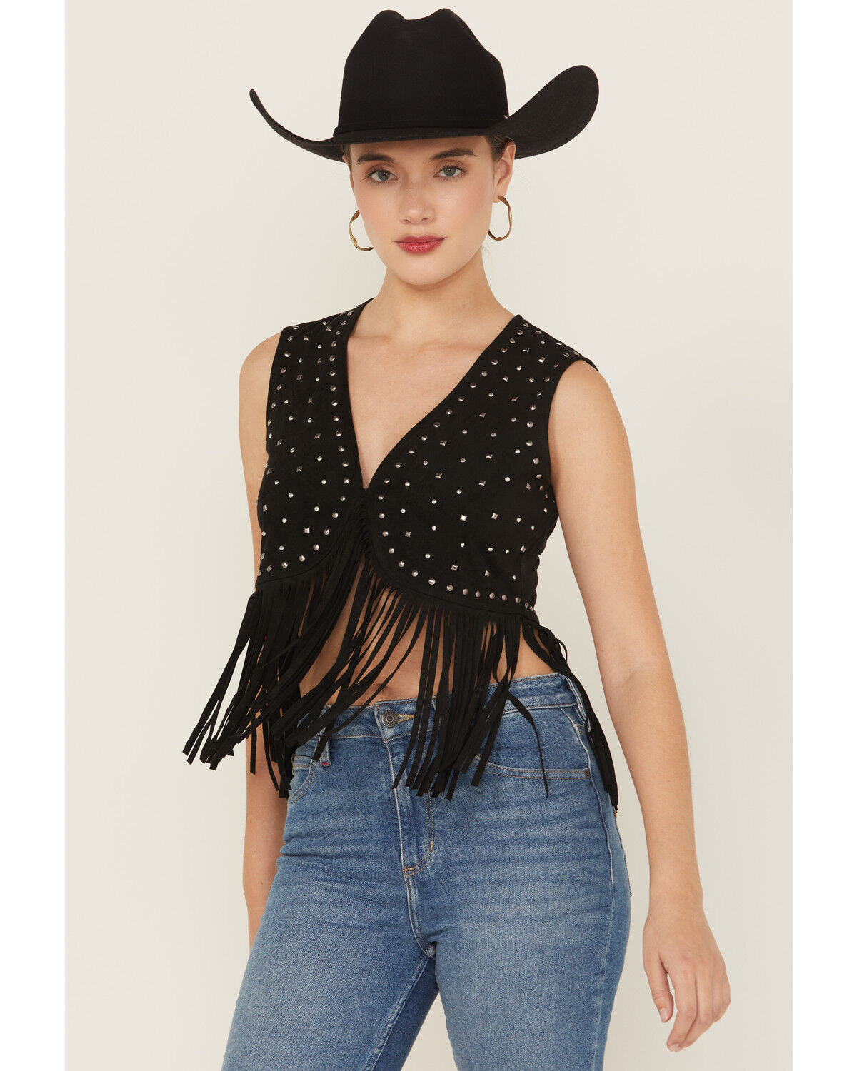 Image #1 - Idyllwind Women's Embellished Faux Suede Cropped Fringe Vest, Black, hi-res