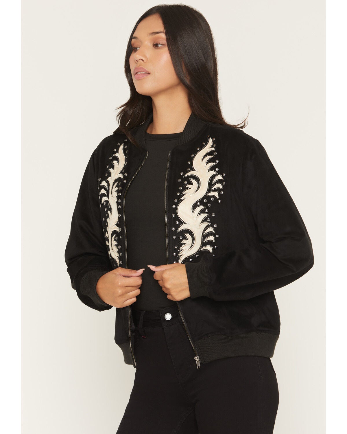 Image #2 - Rock & Roll Denim Women's Microsuede Studded Bomber Jacket, Black, hi-res