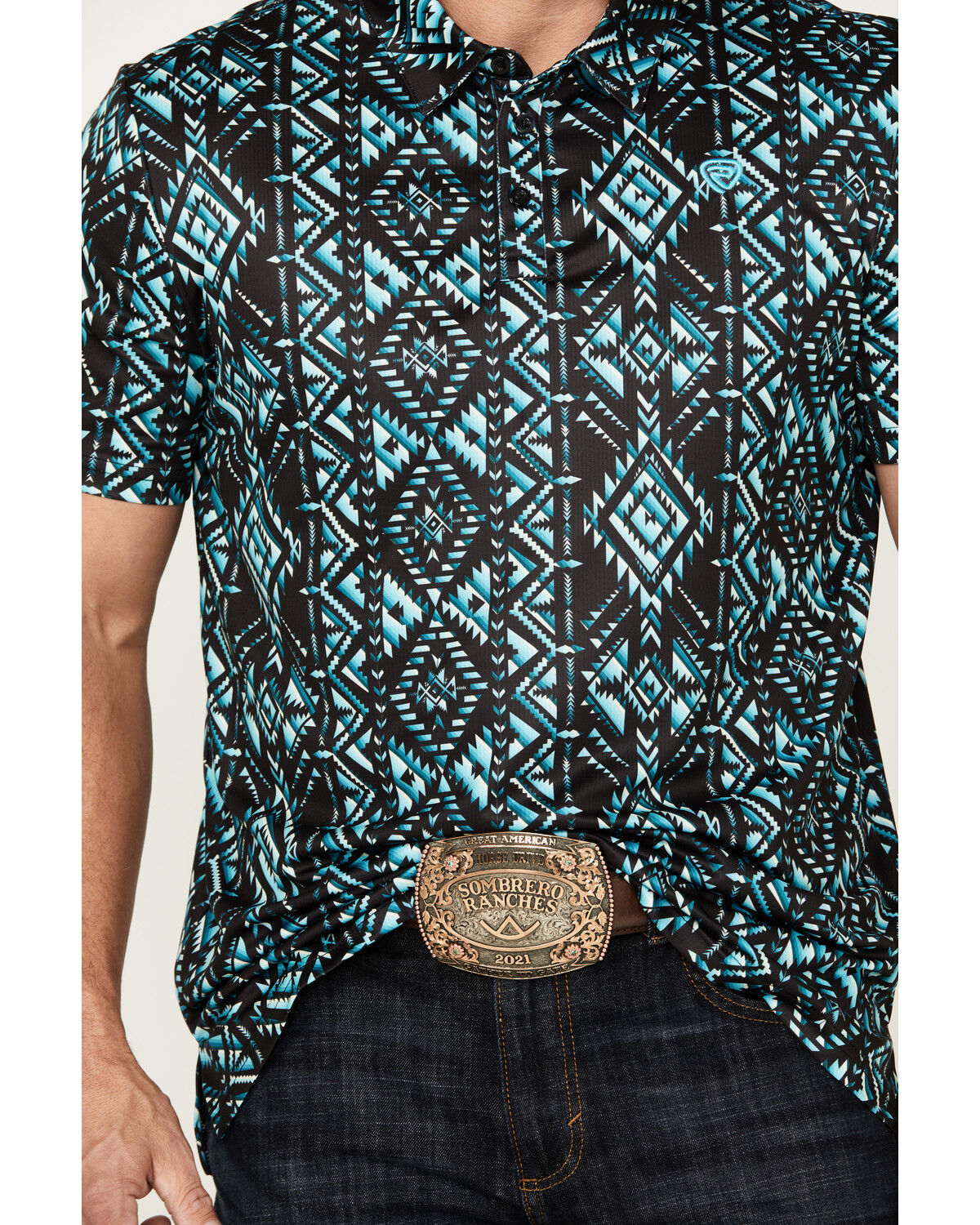 Image #3 - Rock & Roll Denim Men's Boot Barn Exclusive Southwestern Print Short Sleeve Polo Shirt, Turquoise, hi-res