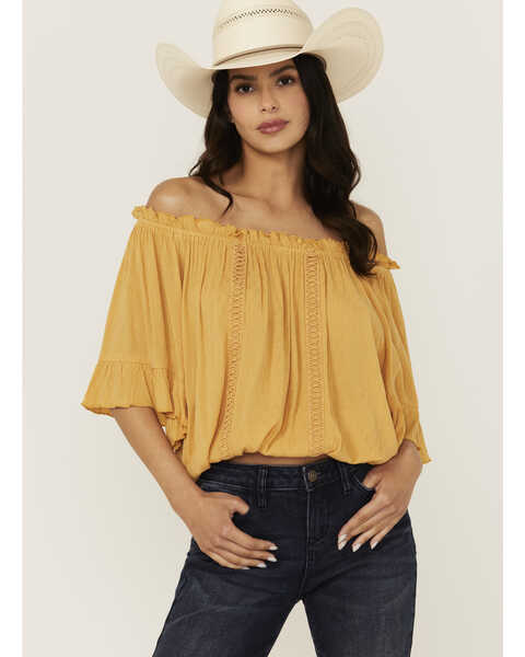 Band Of The Free Women's Solid Short Sleeve Off The Shoulder Blouse , Gold, hi-res