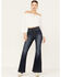 Image #1 - Cello Women's Dark Wash Exposed Button High Rise Flare Jeans, Blue, hi-res