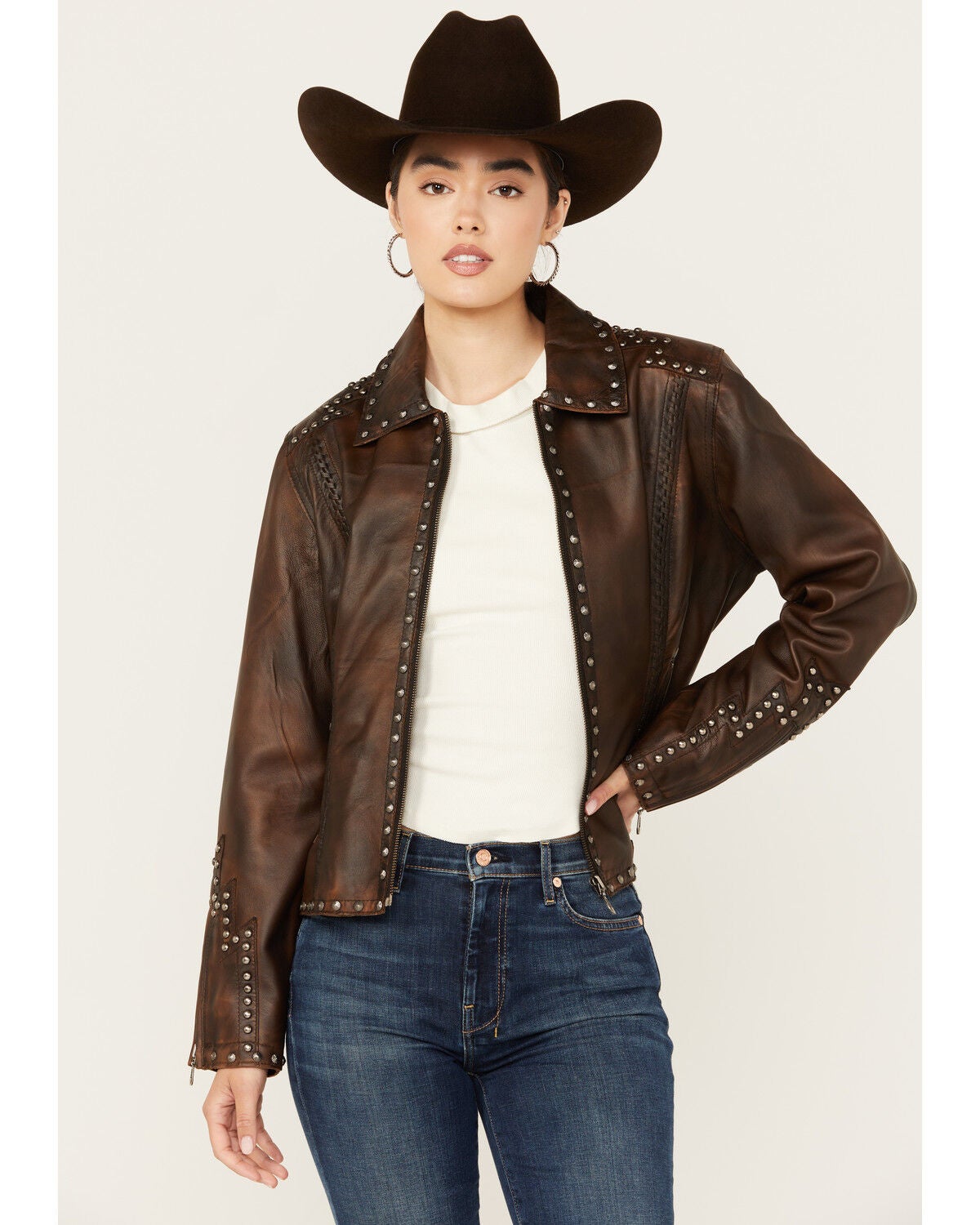Cripple Creek Women's Concho Back Leather Jacket, Brown, hi-res